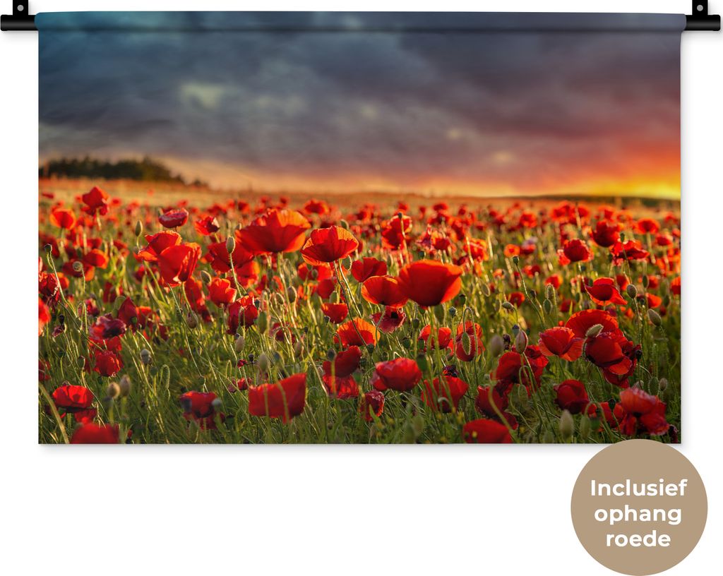 MuchoWow Wandteppich Wandbehang Sonnenuntergang über einem Feld von Mohnblumen 60x40 cm Tapisserie Dekoration Wandtuch - Wanddekorationen