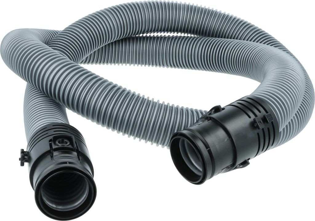 A gray, flexible hose with black connectors on each end, laid out in a curved shape against a white background.