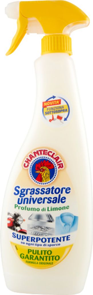 A white spray bottle of Chante Clair degreaser with a yellow trigger and cap.