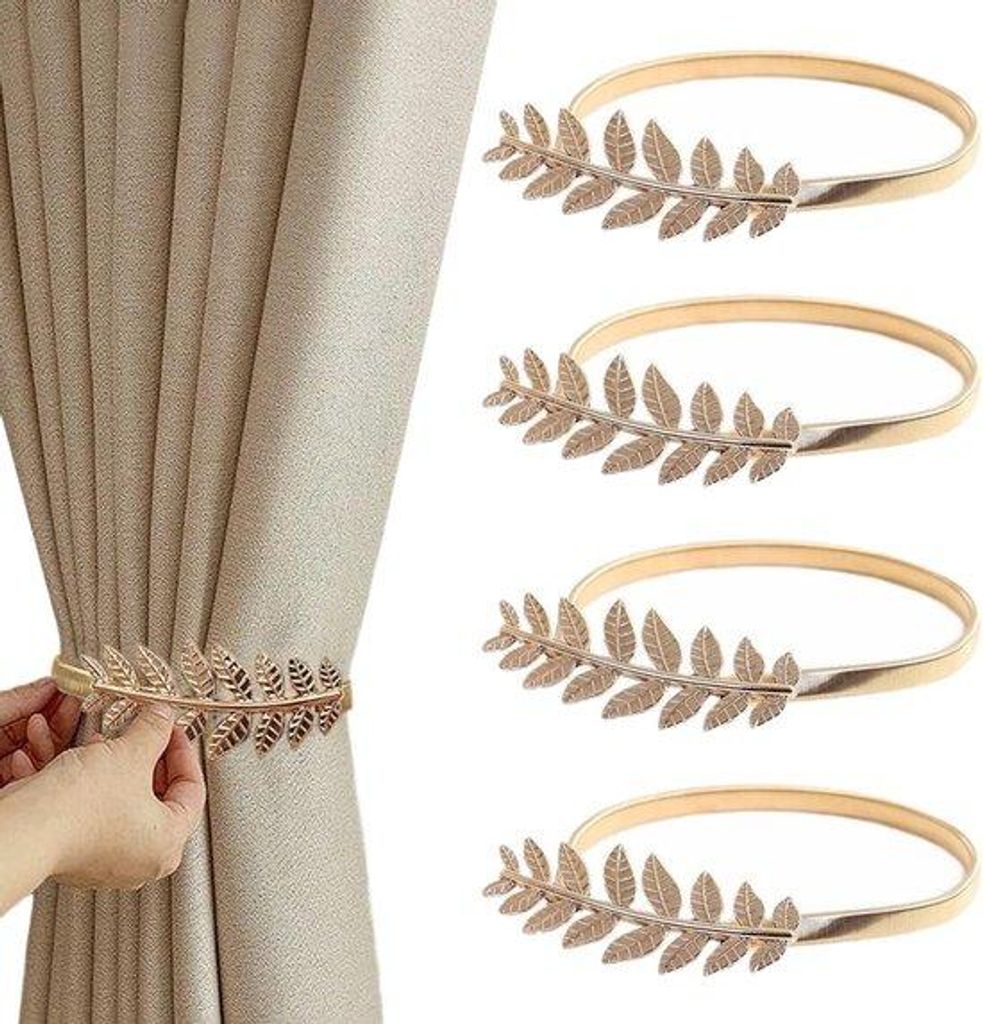 4 Stoffgurte - goldene Stoffhalter - kreative Blumenstangen - Stoffklammern - Seil - verstellbar - goldblättriges Stoffgordijn für Zuhause - Hote...