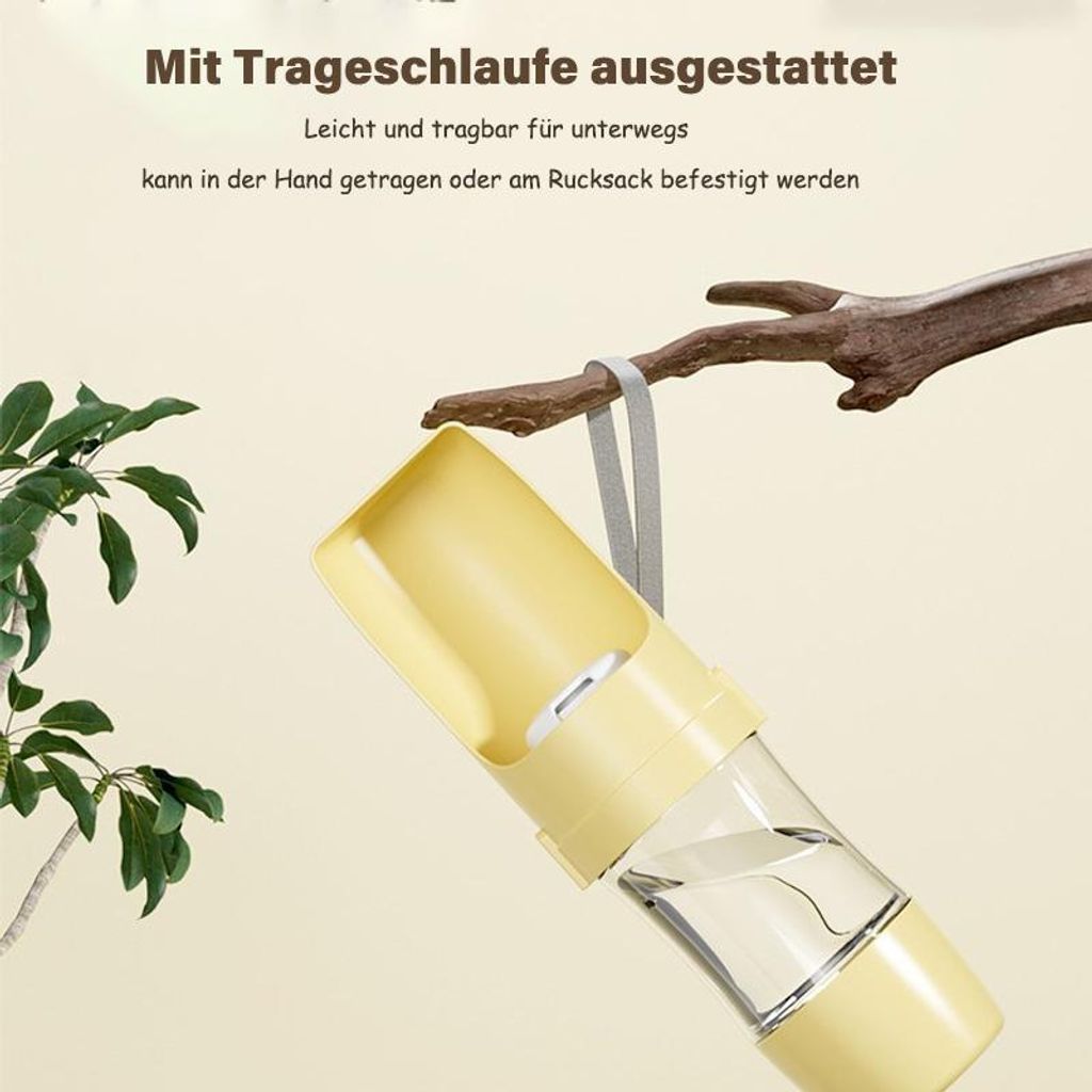 Trink- und Futterflasche für Haustiere, auslaufsicher, tragbar, Einhandbedienung, für Hunde, Katzen und Kaninchen, Gelb