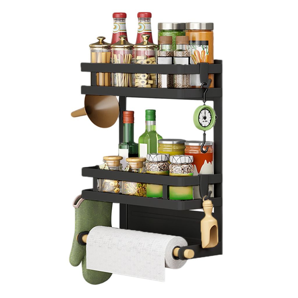 Heikoeco Gewürzregal, Gewürz Organizer, Schrank Organizer, 2-stöckiges magnetische Gewürzregale aus Metall mit Küchenrollenhalter, schwarz