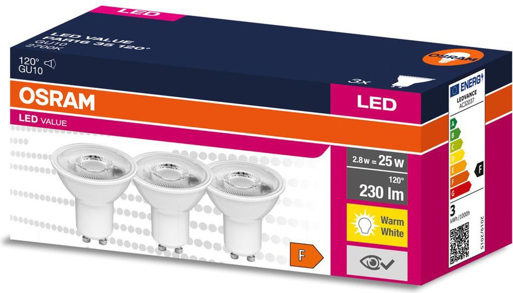 OSRAM 3er-Set LED Strahler VALUE PAR16 2.8W GU10 warmweiss, Produktbild 