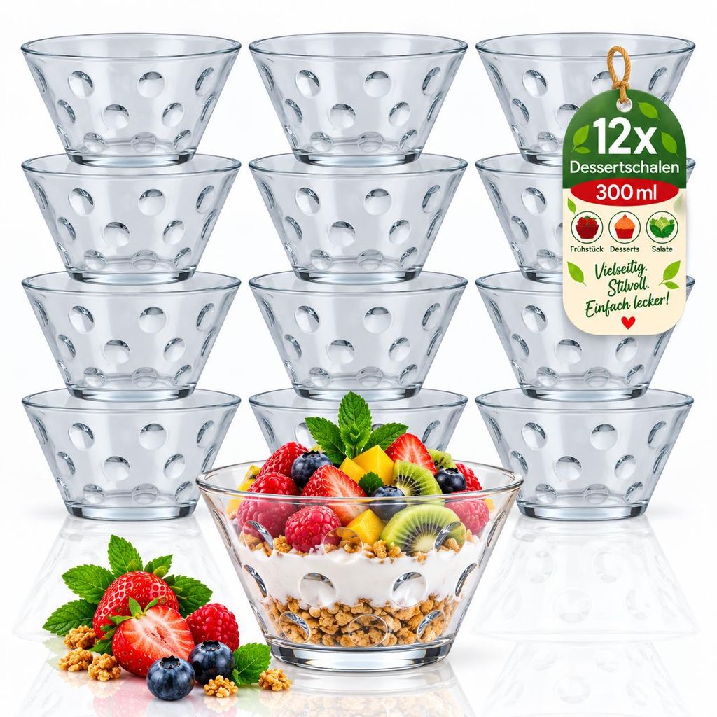 12x Dessertschalen Glas 300 ml – Stapelbare Glasschalen Set