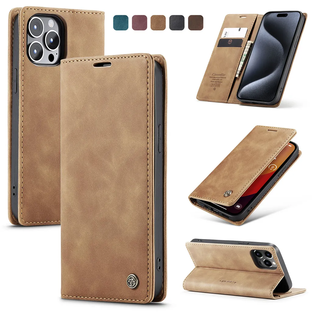 Custodia iPhone 15 Pro con Cavalletto - Cover Marrone Effetto Cuoio - 1