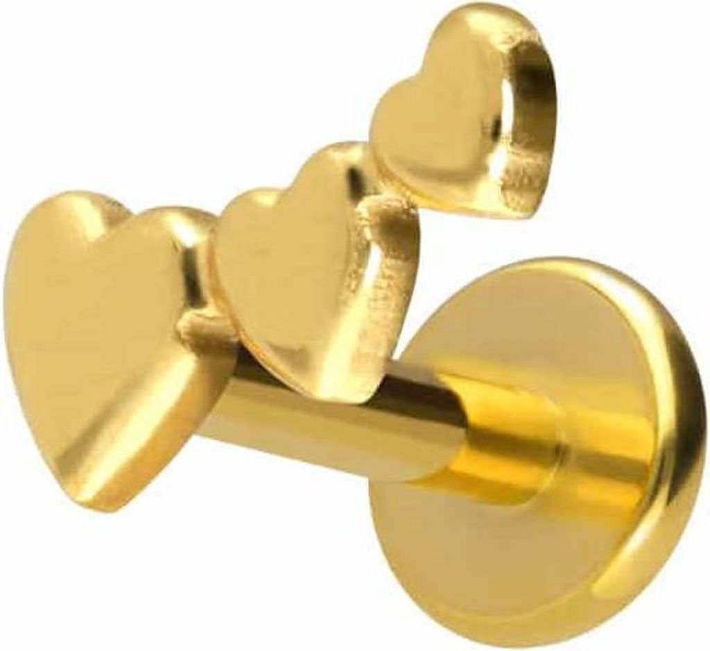 Ohrpiercing, Nasenpiercing Titan Labret mit Push Fit 3 HERZEN Gold Stablänge: 7mm | Stabstärke: 1,2mm