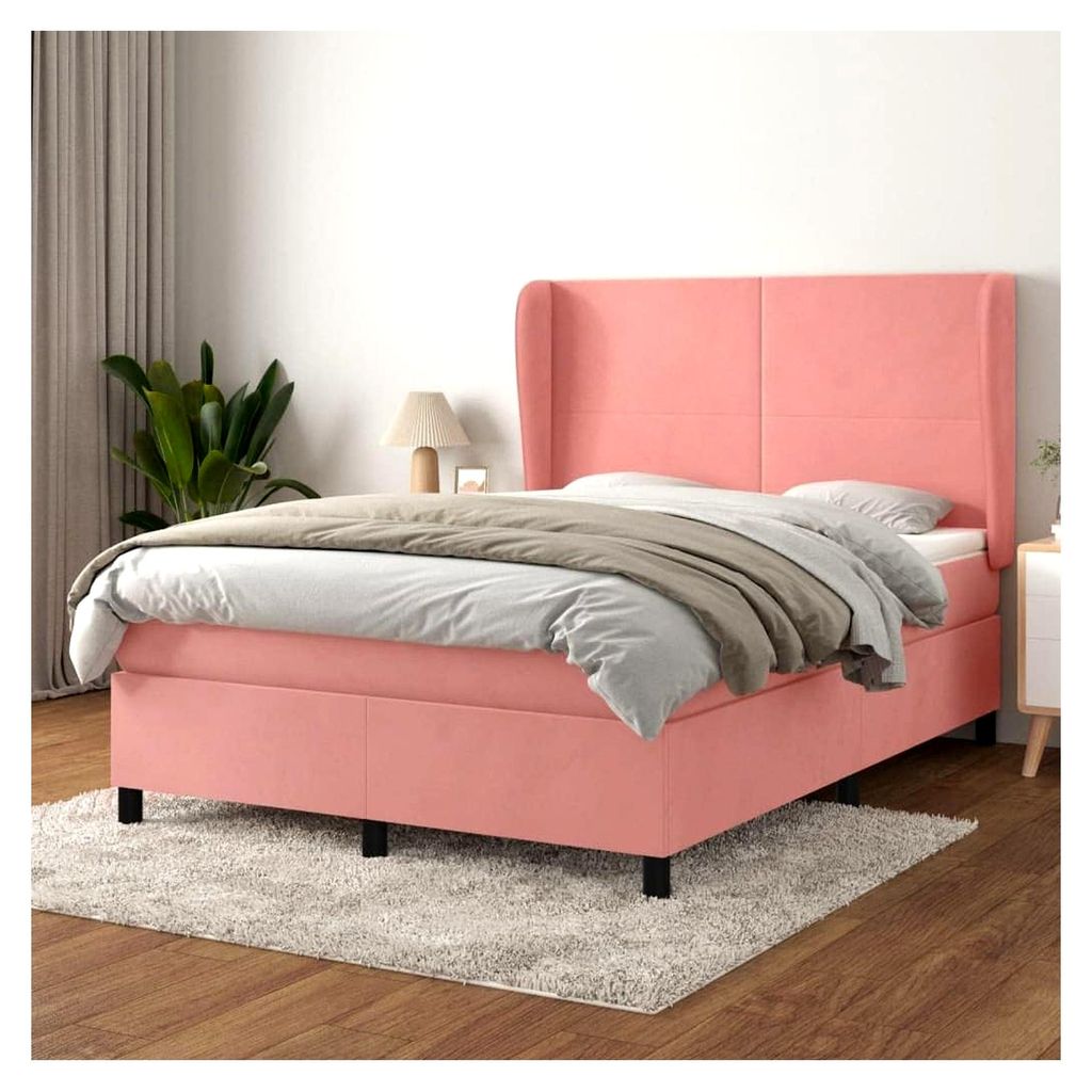 Lattenrost mit Matratze, Rosa, 140 x 190 cm, Velours, Plattform, mit Lattenhalter, einfache Montage, für Schlafzimmer, Erwachsene