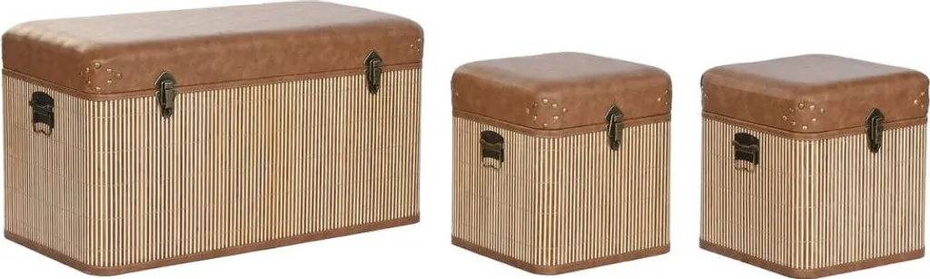 Coffres Home ESPRIT en bambou et PU marron 3 pièces style exotique chic