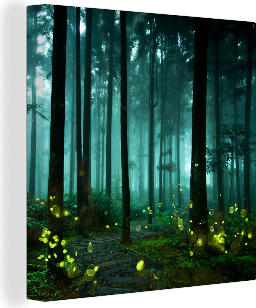 MuchoWow - Leinwandbilder - Glühwürmchen beleuchten einen Wald, Wandbild, Wanddeko Bilder Wohnzimmer, 90x90 cm