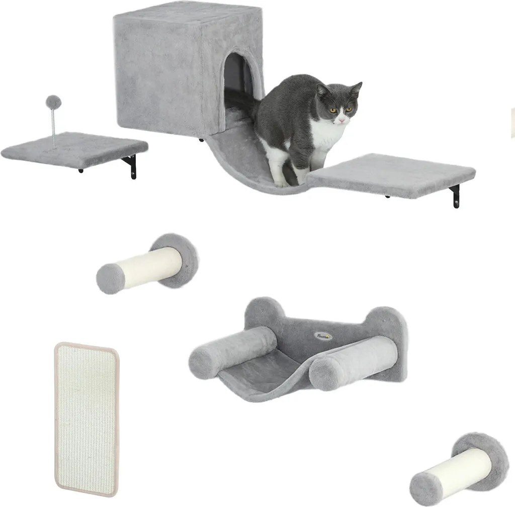 Mur d'escalade pour chats 6 pièces avec hamac et grotte en peluche gris