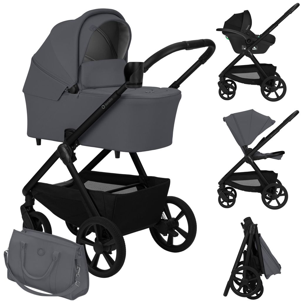 Lionelo Kinderwagen Carmine 3in1 mit Autositz i-Size, Babywanne & Buggy, GravelTech Räder, Federung, UPF50+ Grau