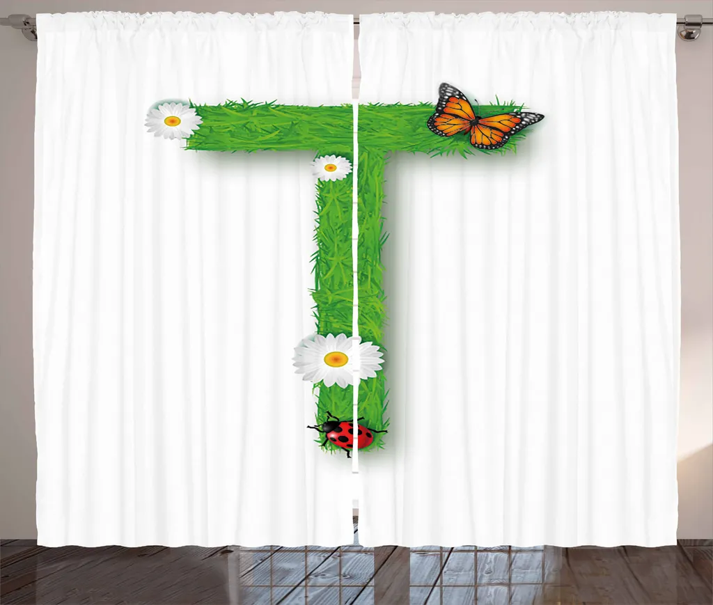 ABAKUHAUS Lettera T Tenda rustica, Caps Flourish Essence, Tenda con passanti e ganci per camera da letto, 280 x 175 cm, multicolore verde