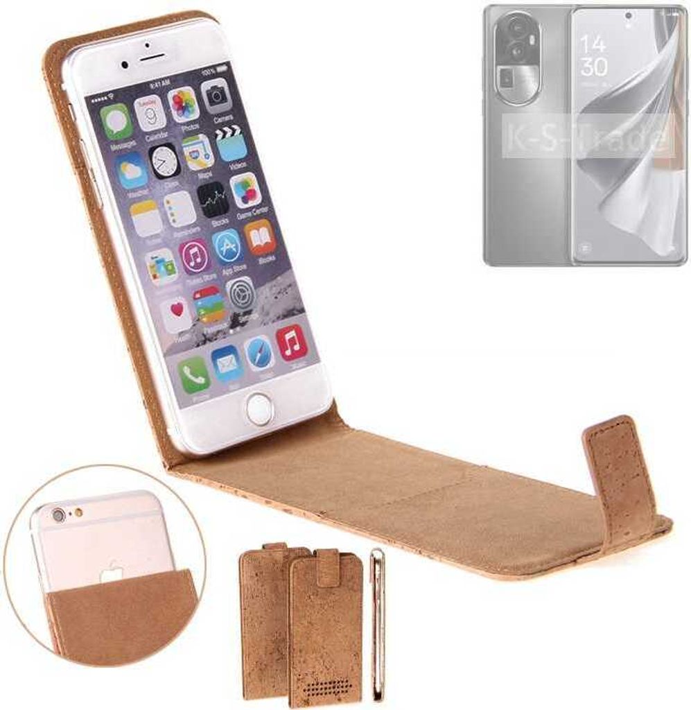 K-S-Trade Handyhülle kompatibel mit Oppo Reno10 Pro+ Kork Hülle Flipstyle Case Schutzhülle Kork Case Hülle Flip cover Klapphülle Klapp, braun 1x