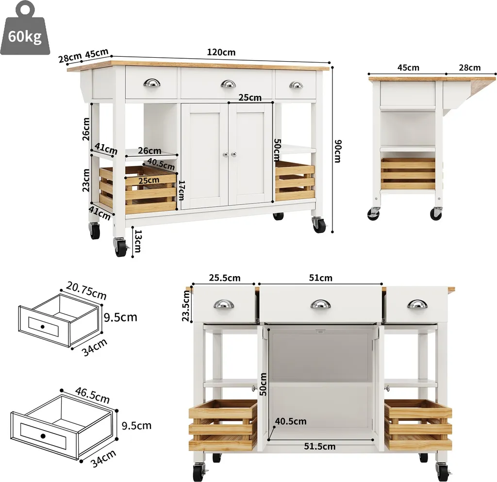 Meuble de Cuisine Mobile avec Rangement et Desserte à Plateau Pliable