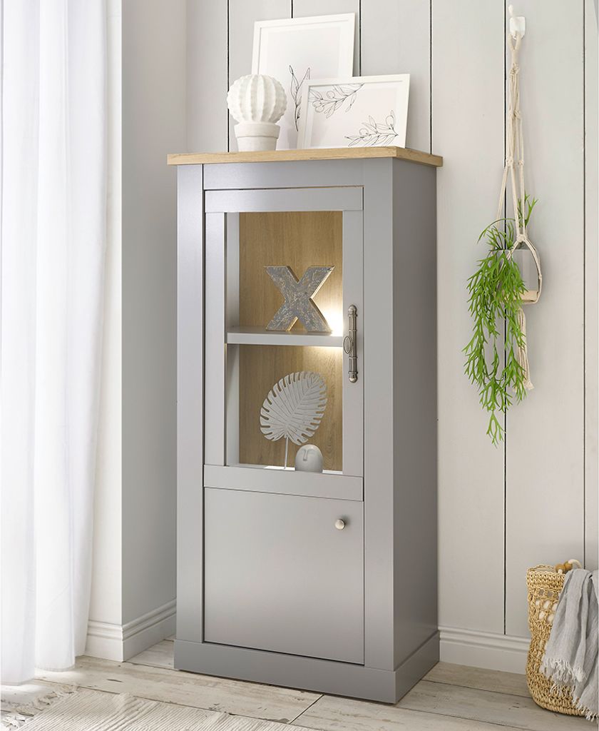Wohn-/Esszimmer Vitrine in grau mit Artisan Eiche Nb. CHATHAM-61, B/H/T ca. 68/142/37 cm