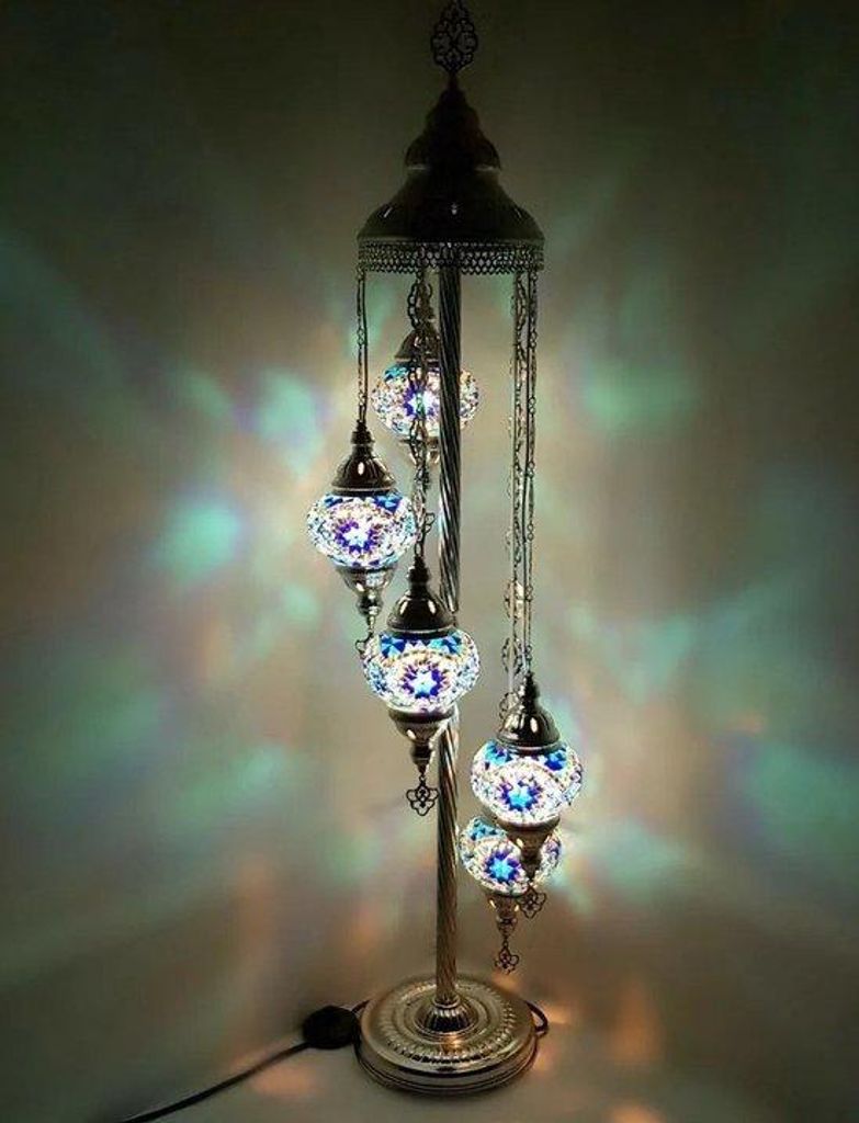 Lampadaire turc en mosaïque fait main, bleu, avec 5 boules Image du produit 