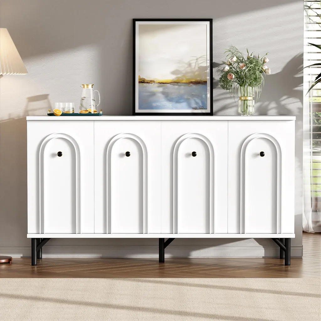 Buffet de salon blanc 140 cm pour vaisselle et dossiers avec 4 portes 3D