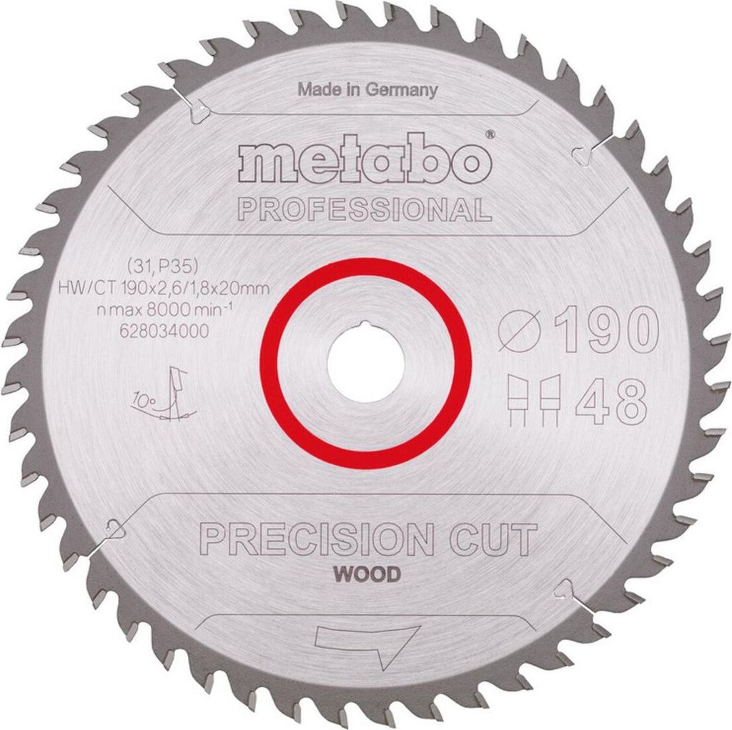 Metabo Sägeblatt precision cut wood - professional 190x2,6/1,8x20, Z48, Spanwinkel 10°, Wechselzahn