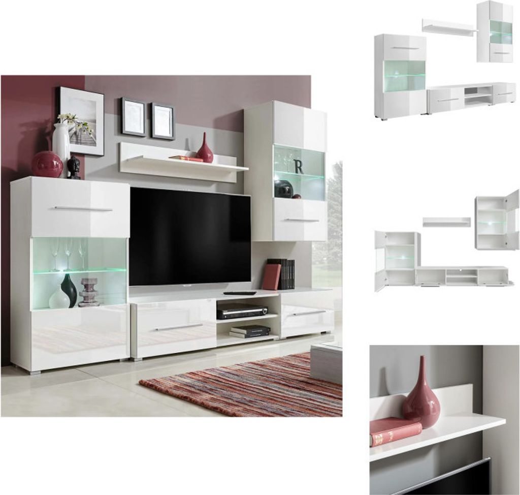 vidaXL Fünfteilige Wohnwand TV-Schrank mit LED-Beleuchtung Weiß - TV-Möbel