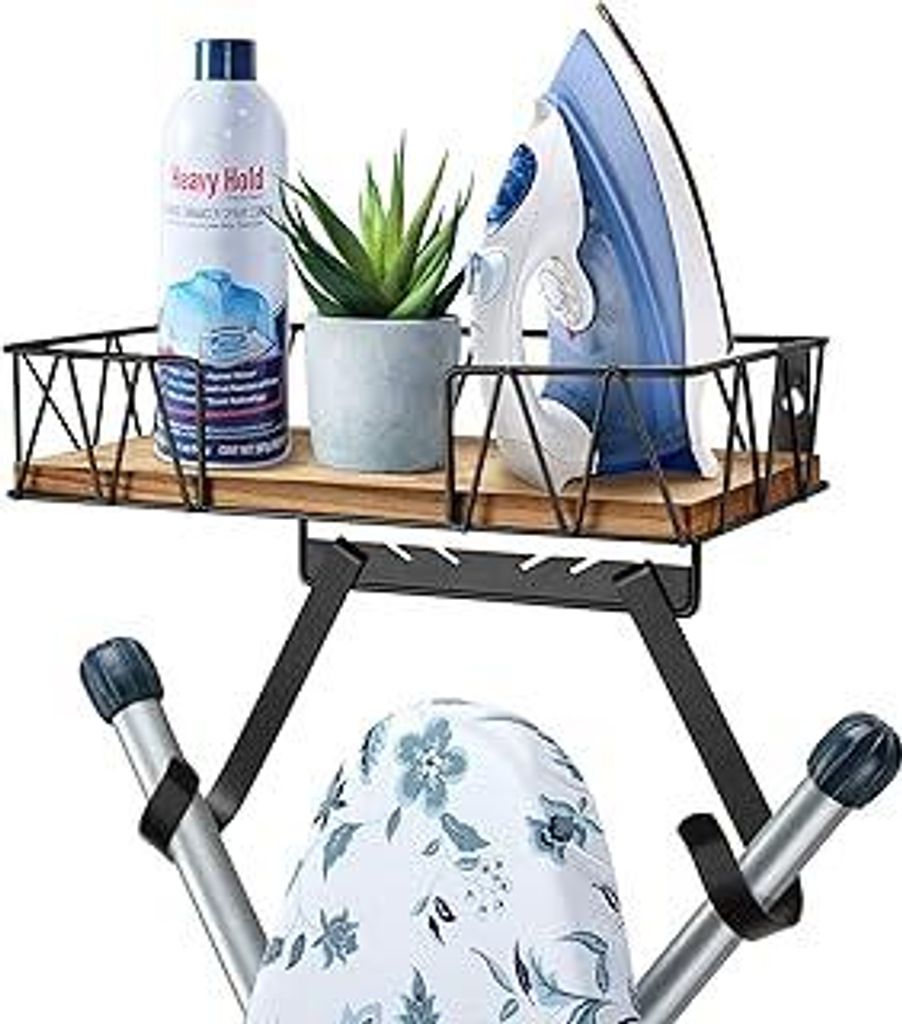 TJ.MOREE Bügelbretthalterung Wand | Bügelbrett Wandhalterung & Halter für Bügeleisen | Mit Holz-Korb & Haken zum Aufhängen von Bügelbrettern ...