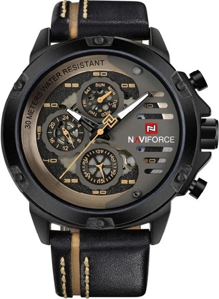 Montre NAVIFORCE Homme PR-2842 en Cuir Marron - Cadran Noir Anti-Rayures