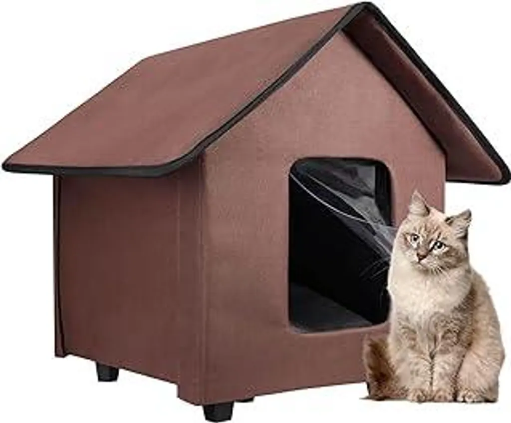 Casetta per gatti da esterno, impermeabile, con fondo rialzato e cuscino rimovibile, rifugio pieghevole per gatti da esterno, casetta invernale per gatti che vivono all'aperto, gatti selvatici e cani di piccola taglia, marrone