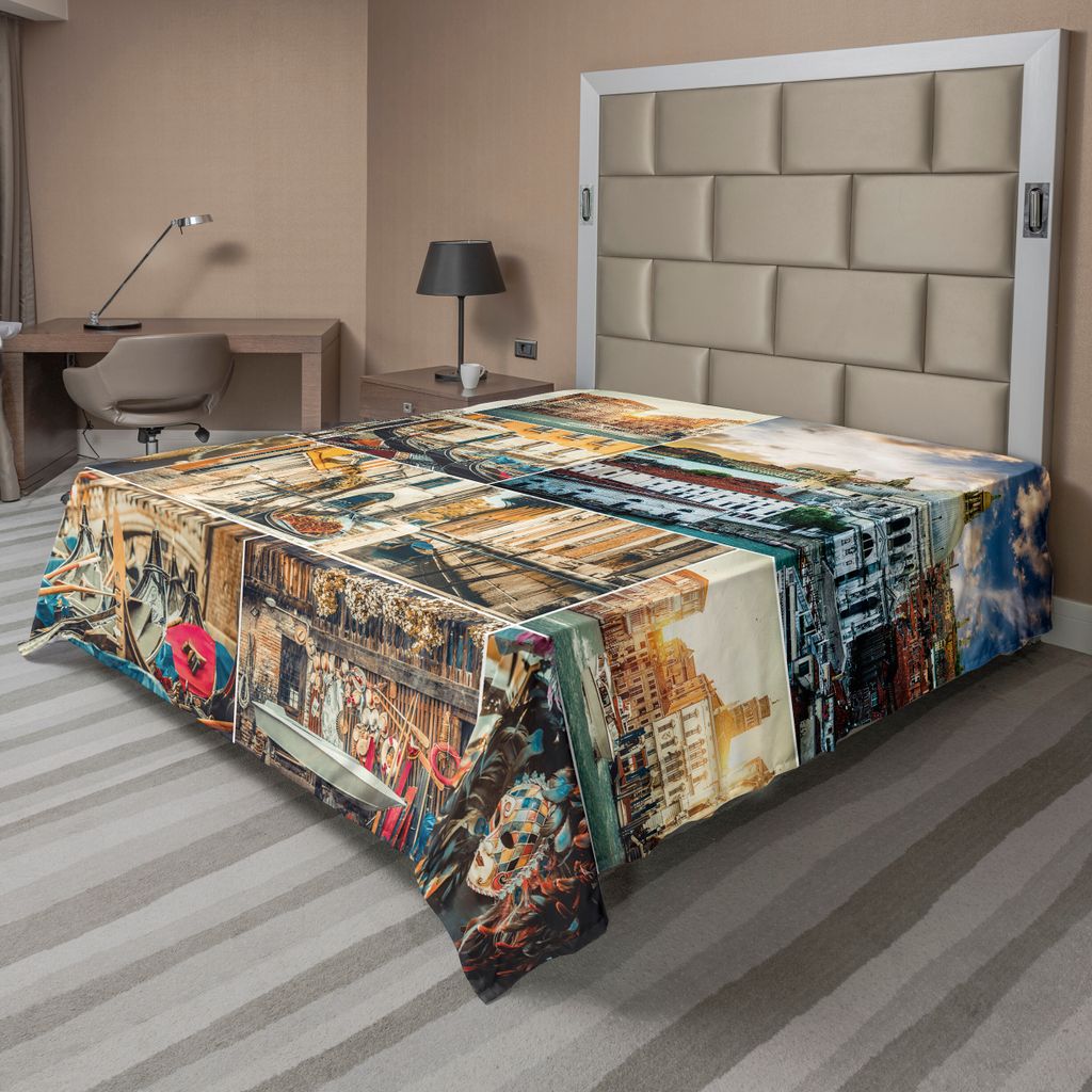 ABAKUHAUS Reise Bettlaken, Collage Von Verschiedenen Venedig Stadt ansichten Kanal Kathedralen Reise Thema, weiches bequemes oberes Bettlaken für ...