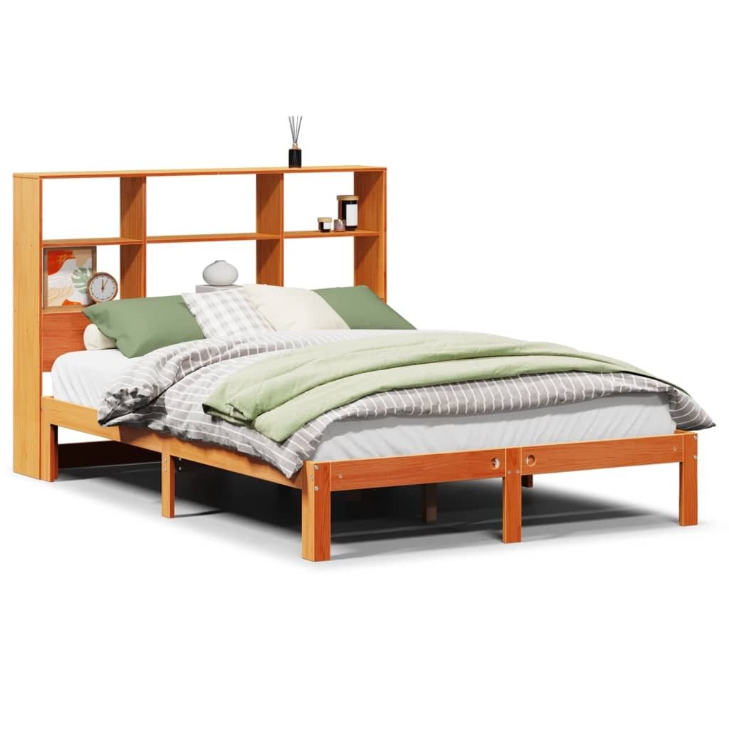 vidaXL Massivholzbett mit Regal ohne Matratze Wachsbraun 135x190 cm