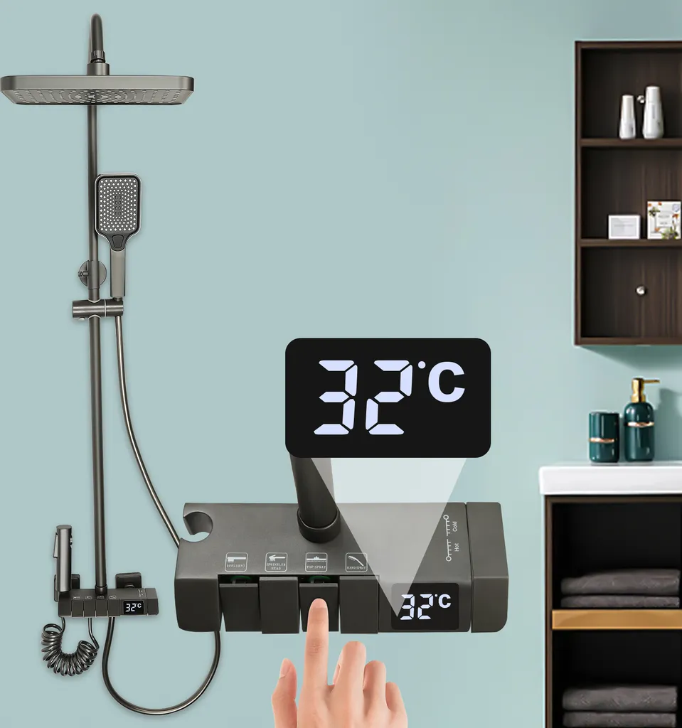 Set de douche avec affichage digital et panneau gris haute précision