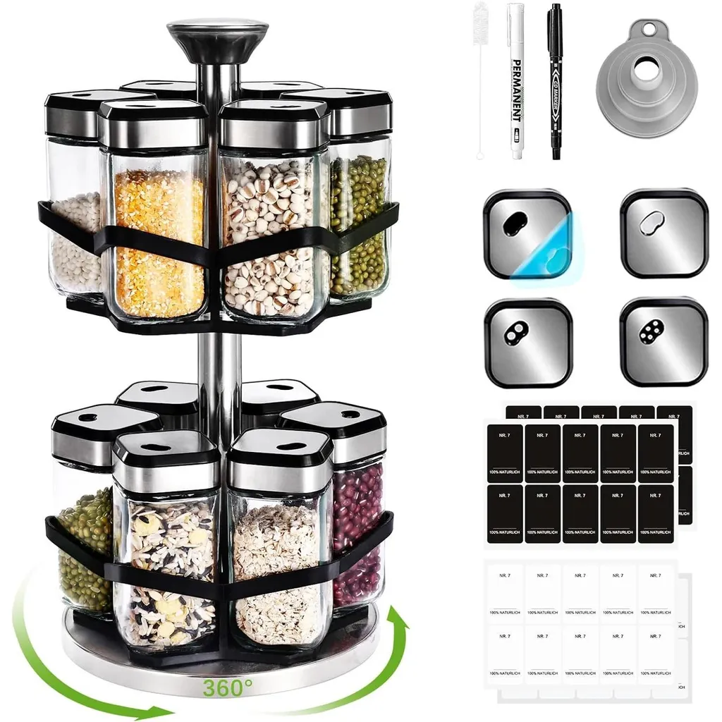 Présentoir à épices pivotant en inox avec 12 flacons hermétiques 120 ml