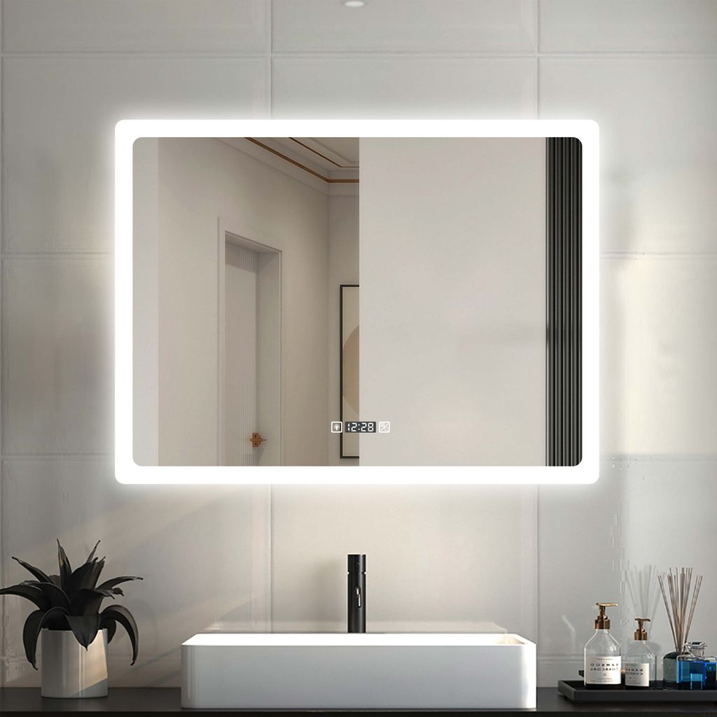 led badspiegel 80×60cm wandspiegel mit uhr, touch, beschlagfrei  badezimmerspiegel mit beleuchtung lichtspiegel ip44 kaltweiß energiesparend