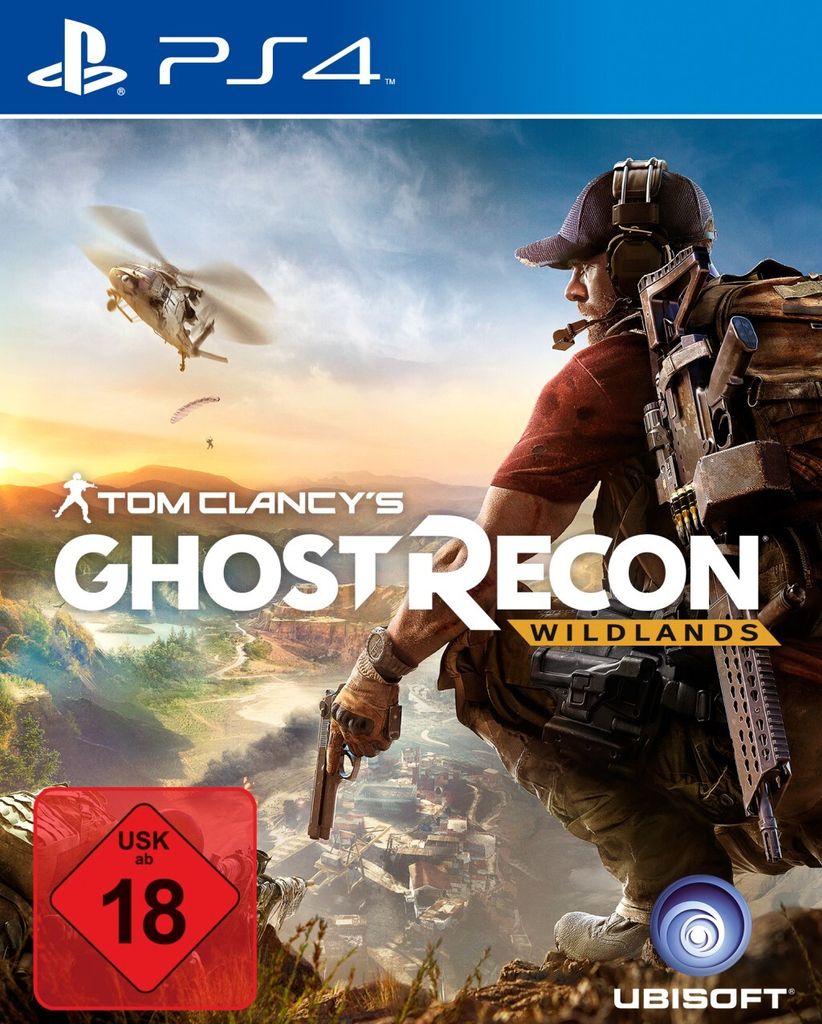 A soldier crouches in a mountainous landscape, holding a gun, with a helicopter flying in the background.