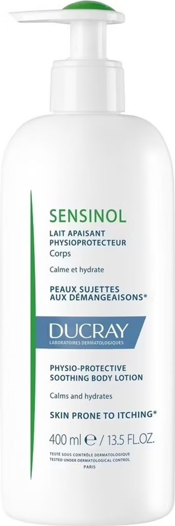 A white bottle of Ducray SENSINOL body lotion with a pump dispenser.