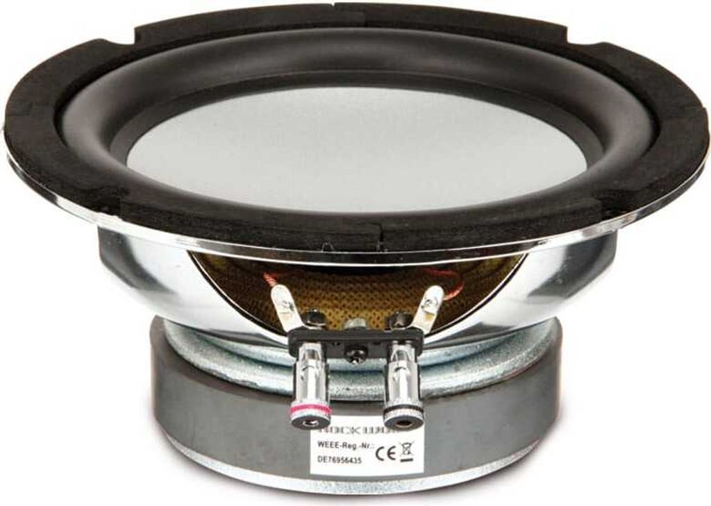 A close-up studio shot of a speaker driver.