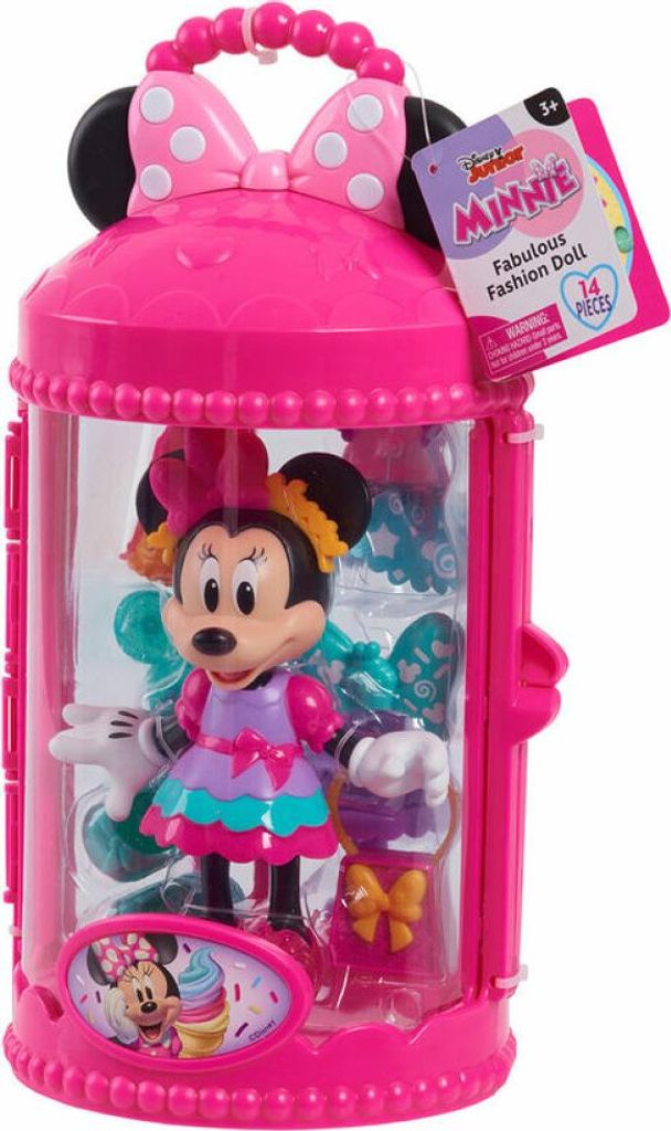 A Minnie Mouse fashion doll in a pink carrying case.