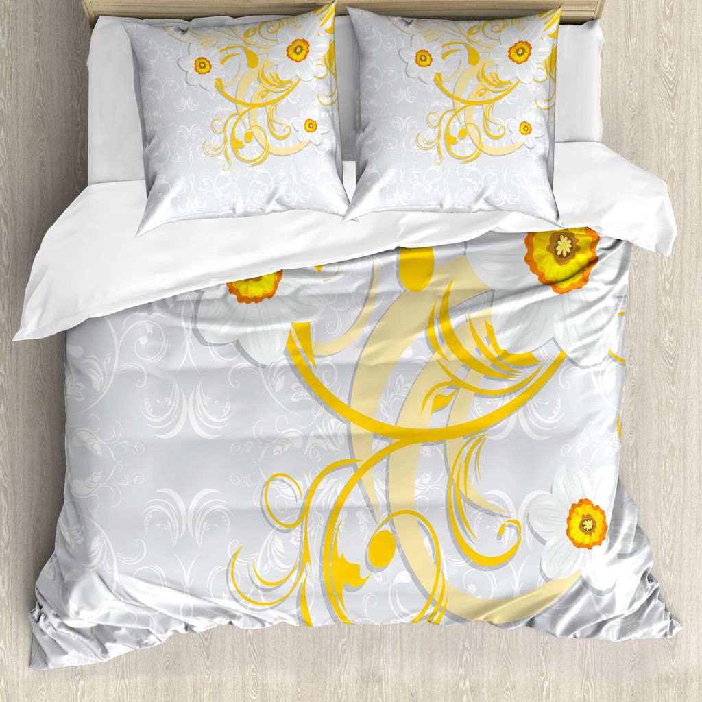 ABAKUHAUS Narzisse Bettbezug, Narzissen Ornament Kunst, Milbensicher Allergiker geeignet mit Kissenbezügen, 155 cm x 220 cm - 80 x 80 cm, grau Gelb