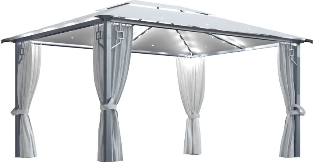 Pavillon mit Vorhängen & LED-Lichterkette 400x300 cm Creme Alu