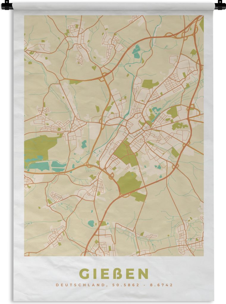 MuchoWow Wandteppich Wandbehang Gießen - Karte - Vintage - Stadtplan 120x180 cm Tapisserie Dekoration Wandtuch - Schlafzimmer - Dekorationen fü...