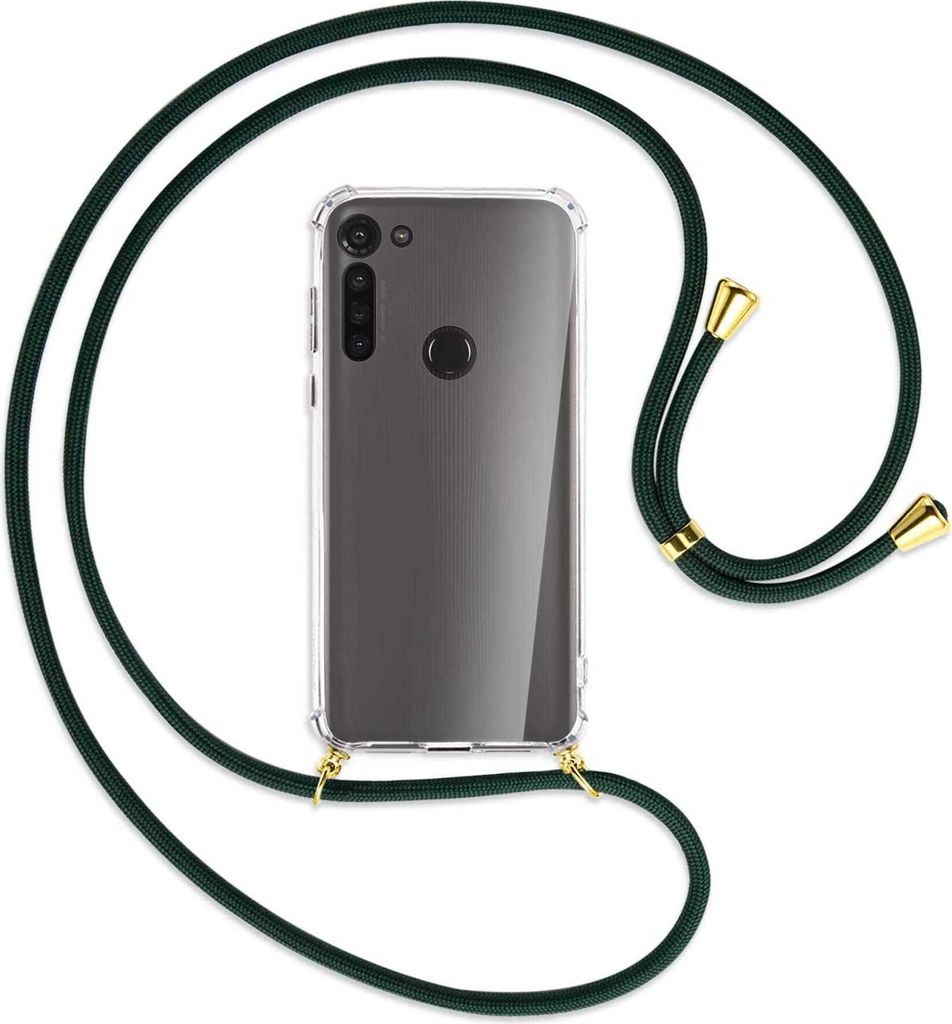 Handykette Backcover-Schutzhülle mit Band (Metall goldfarben) für Motorola Moto G8 Power - dunkelgrün