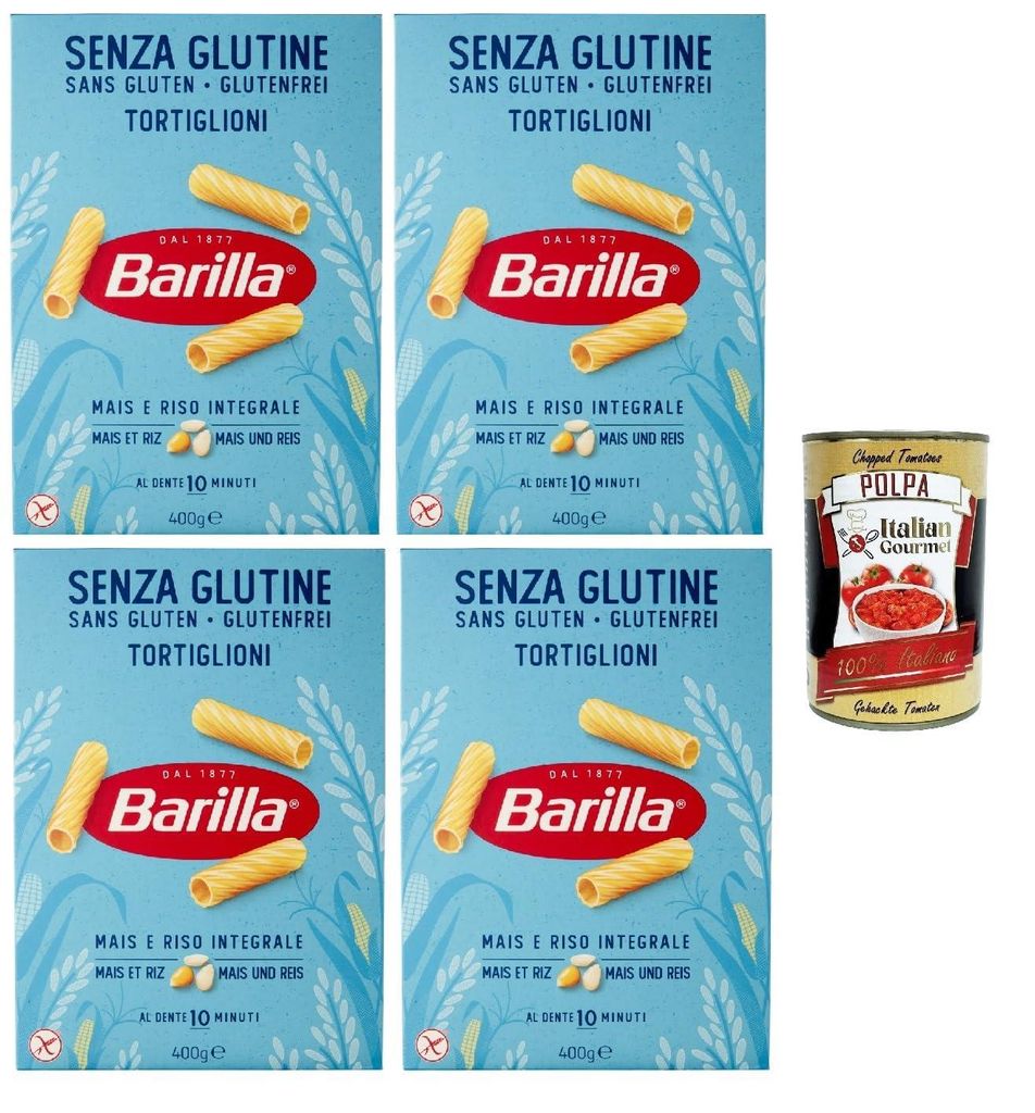 Barilla Glutenfrei Tortiglioni – 4 x 400 g (1,6 kg) | Röhrennudeln aus Mais & Vollkornreis, al dente in 10 Min., vegan & glutenfrei – ideale S...
