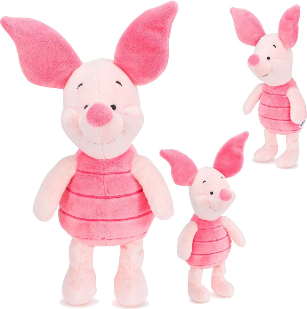Three plush toys of the character Piglet from Winnie the Pooh are displayed against a white background. The largest toy is in the foreground, with two smaller ones in the midground and background.