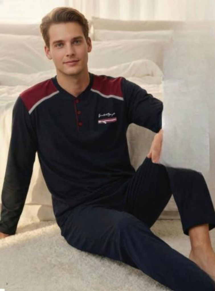 Herren Pyjama Schlafanzug Marineblau XL Baumwolle Lang M-75 Produktbild 