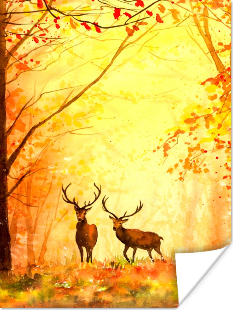 MuchoWow Poster Natur - Ölfarbe - Hirsche - Tiere - Herbst - Orange 120x160 cm - Wandbilder