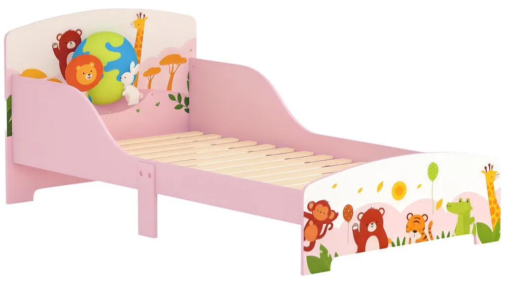 Lit enfant rose 140x70 motif animal et sommier bois design bas