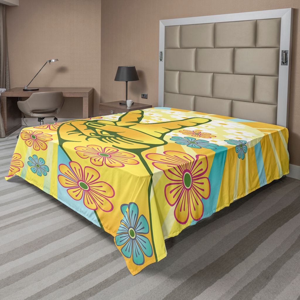 ABAKUHAUS toll Bettlaken, Hand Gestikulieren Symbol Des Friedens Mit Blumen Und Sunbeams Funky Modern Art, weiches bequemes oberes Bettlaken für e...