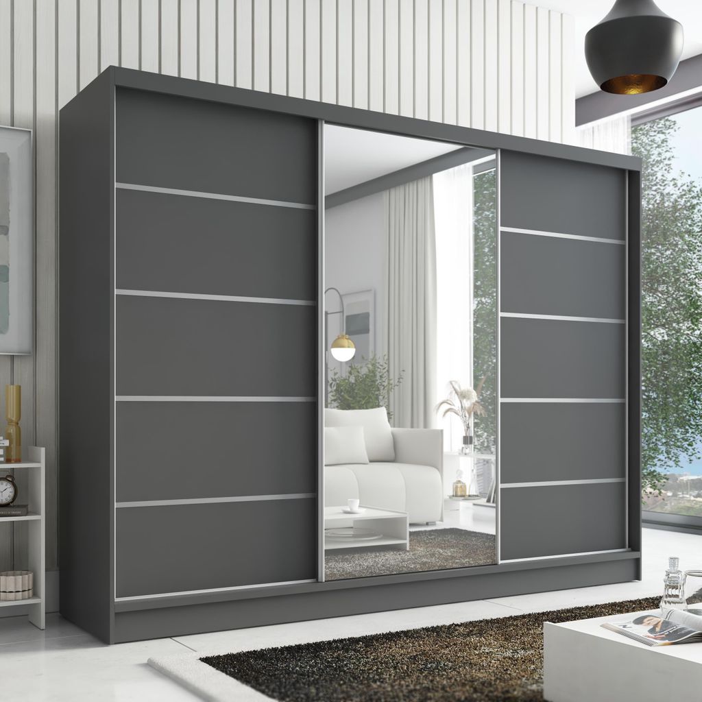 Schwebetürenschrank AURELIA 1, 3-türig Schrank 200 cm Kleiderschrank mit Schubladen, und Spiegel. Farbe: Graphit