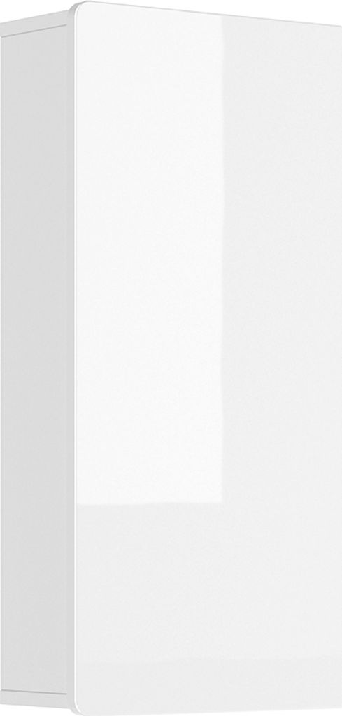 A white, high-gloss bathroom cabinet is shown from a side angle against a white background.