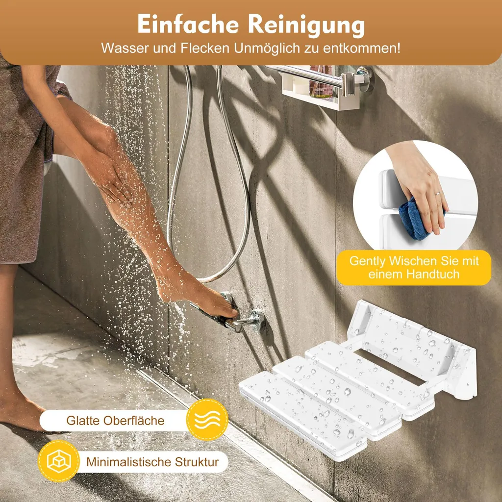 Siège de douche rabattable 90° - Fixation murale solide charge 130kg - 2