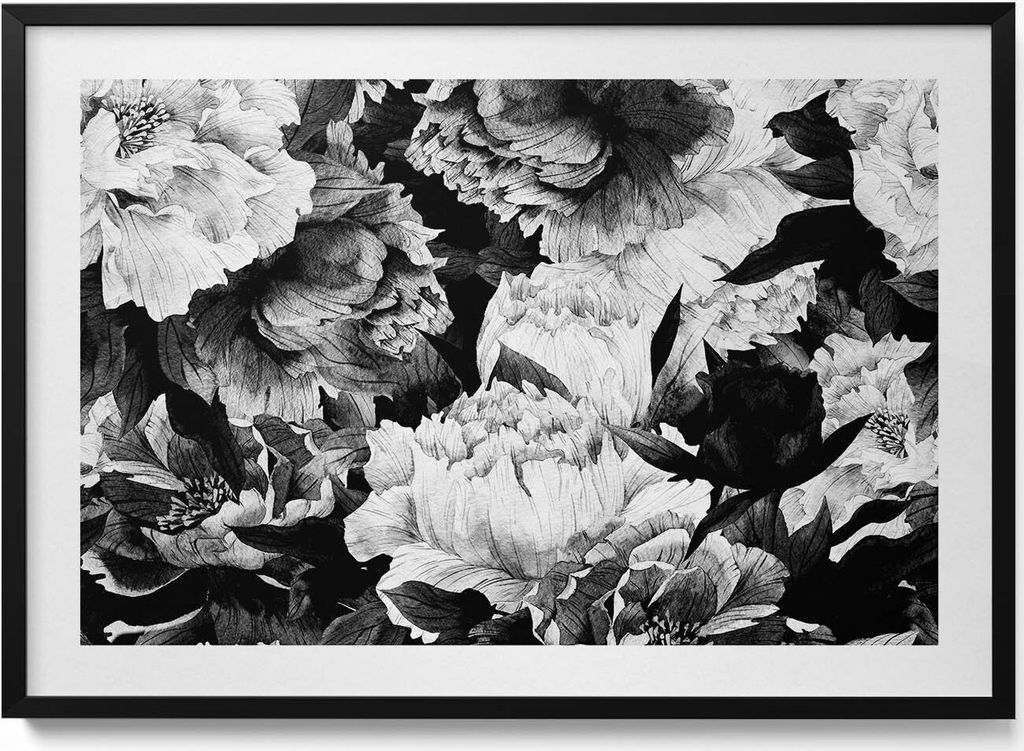 Schwarze und weiße Pfingstrosenblüten– Wandbild mit Rahmen – Gerahmtes Bild – Wanddekoration – 100x70 cm – Schwarz Rahmen