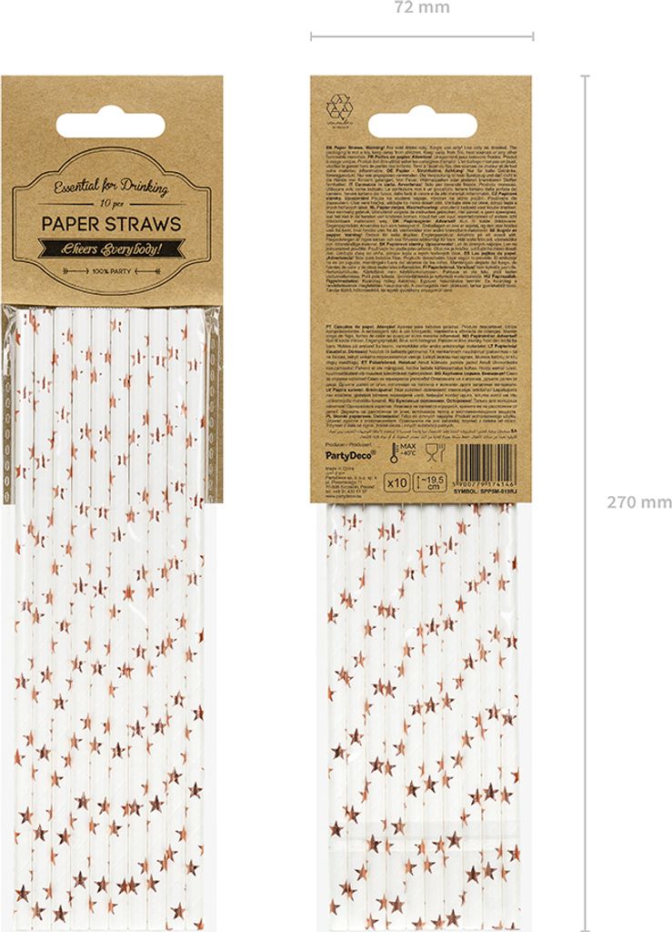 Papierstrohhalme mit Sternen 19cm weiß roségold 10er Set